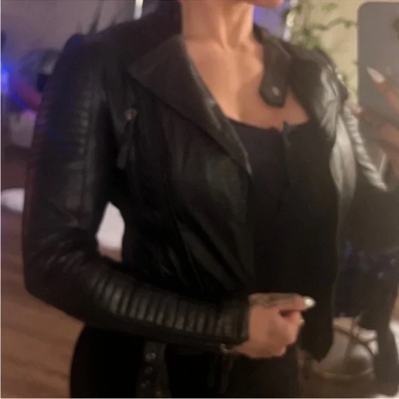 Zara Black Leather Moto Jacket with Quilted Sleeves - Picture 5 of 5